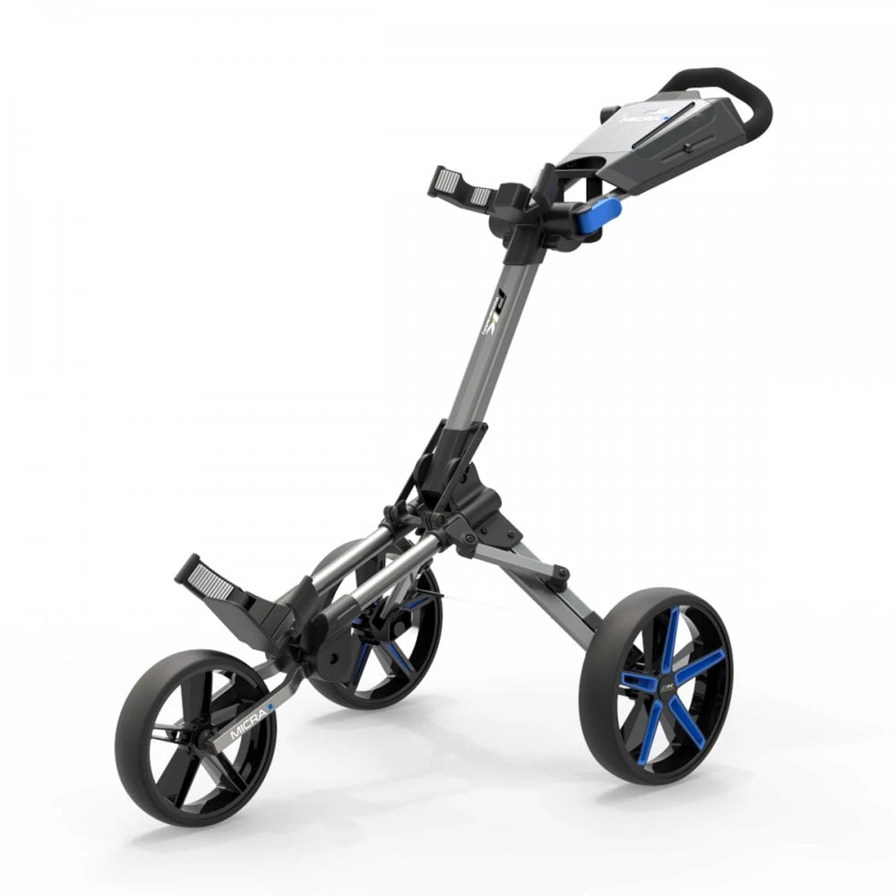 PowaKaddy 2023 MICRA Push Cart Gun Metal With Blue Trim